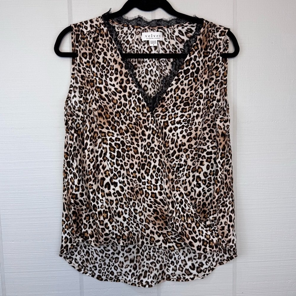 Velvet By Graham Spencer Leopard Animal Print Wrap Sleeveless Top Lace Trim M
